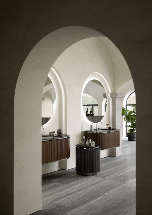 Bathroom cabinet in wood with marble countertop and modern recessed tap faucet
