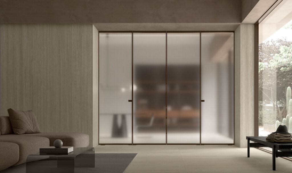 Modern interior with a glass door sliding system with frosted glass