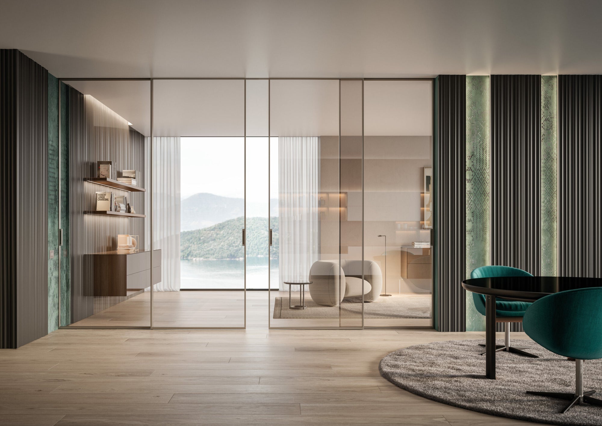 Modern interior design with glass walls, furniture, and a scenic view.