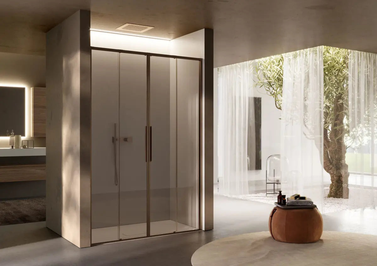 Fine thin bronze frame shower enclosure with sliding doors