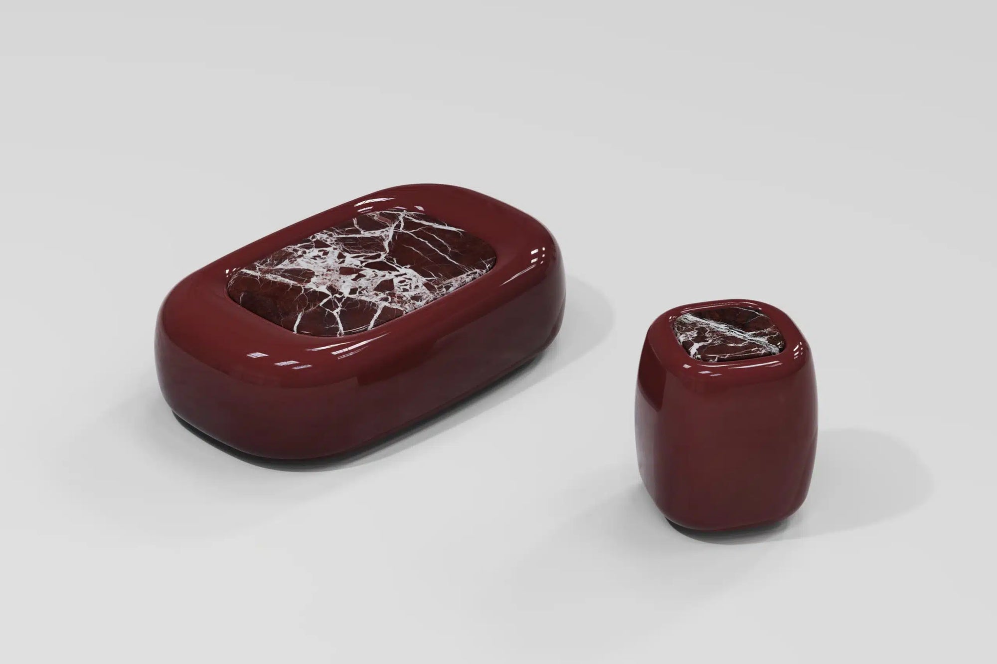 Red marble and polished red colour curved coffee tables 