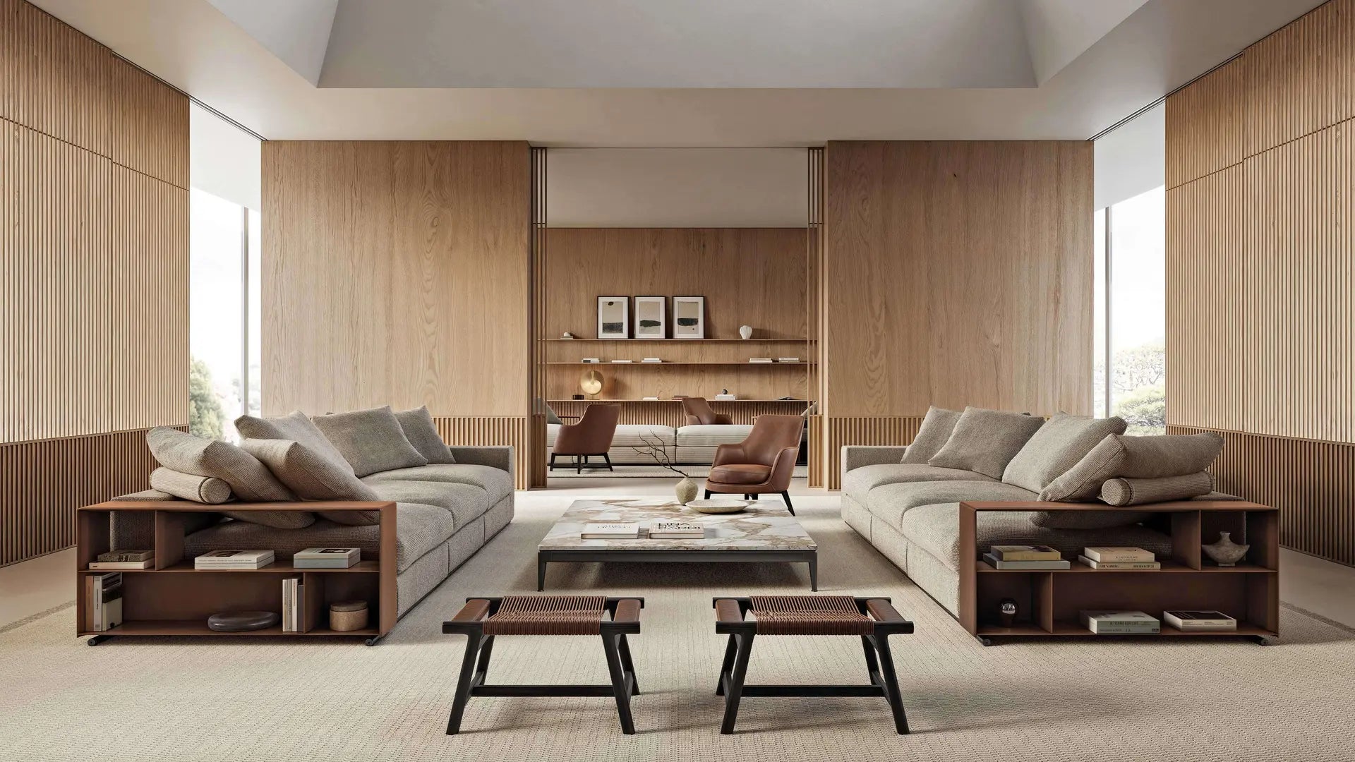 Flexfrom modern living room with wooden furniture and neutral decor