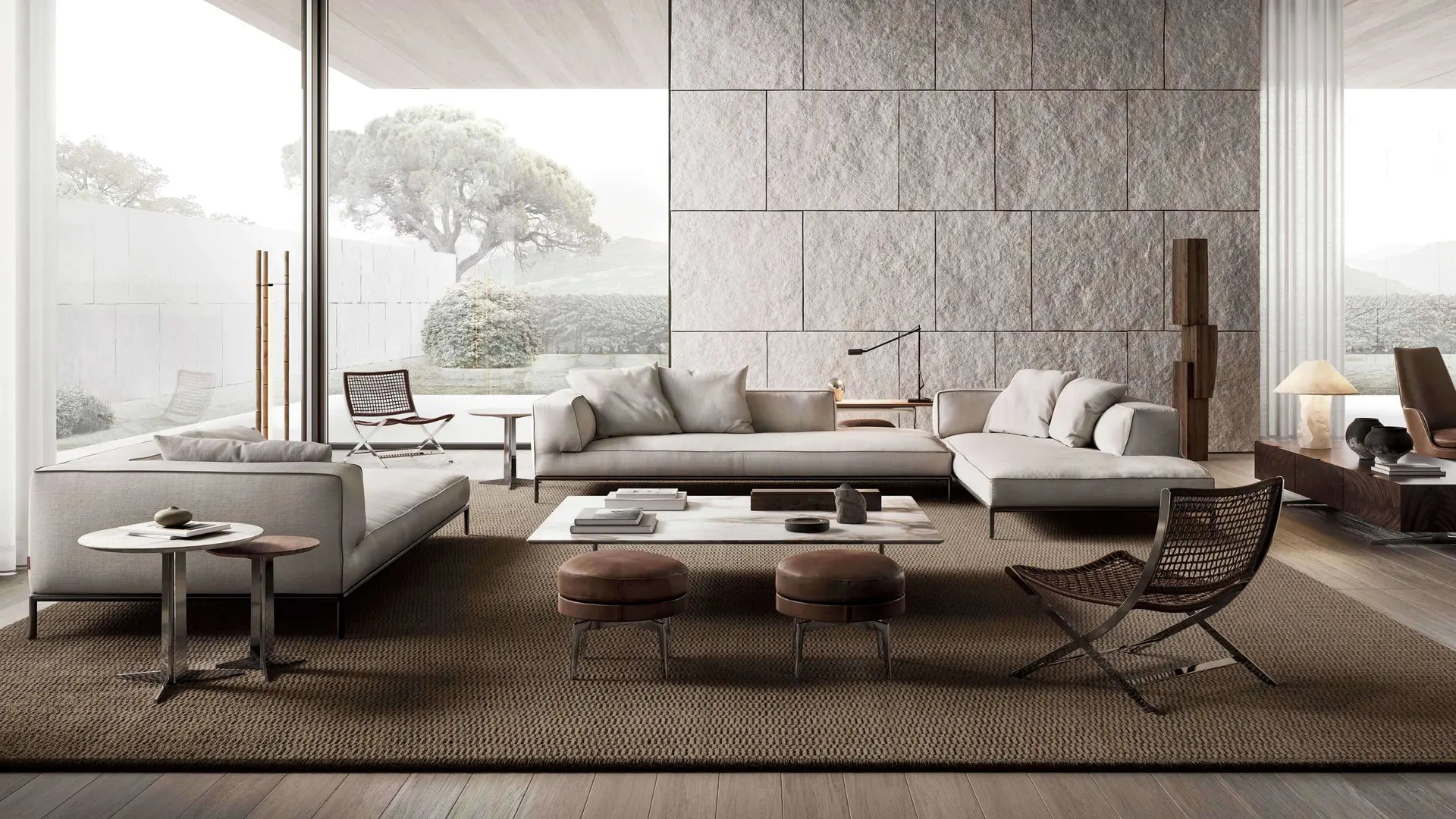 Flexform ivory fabric sofa and corner sofa with modern armchair and stools and coffee table