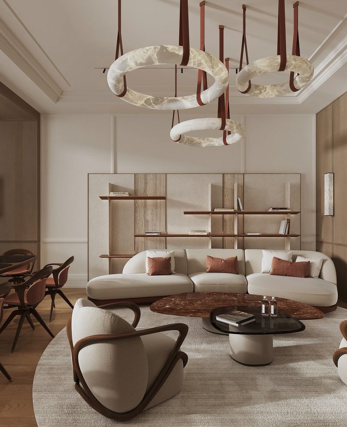 Modern living room with white sofa, wooden coffee table, and decorative wall art with HUG armchair