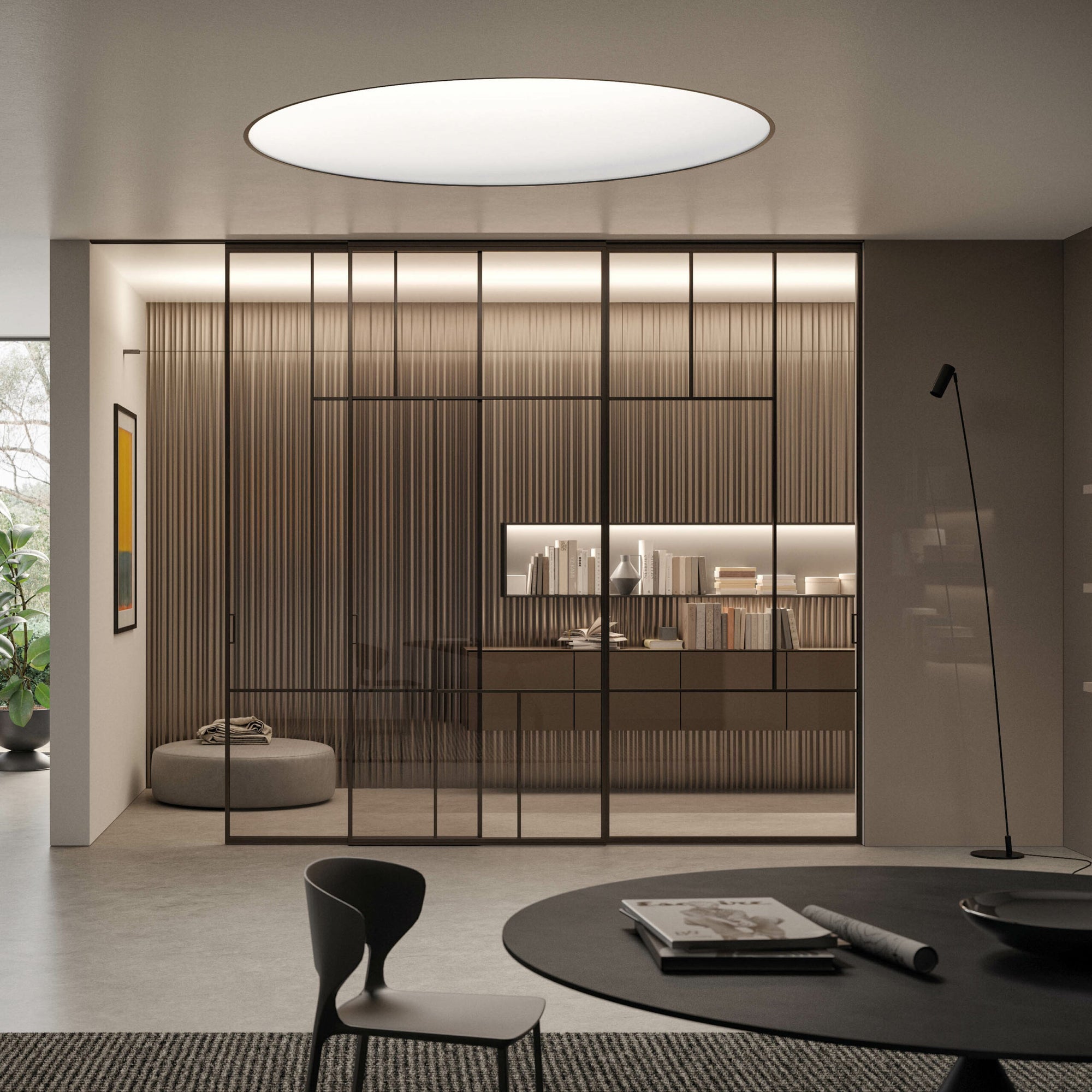 Modern living room with a sliding door system