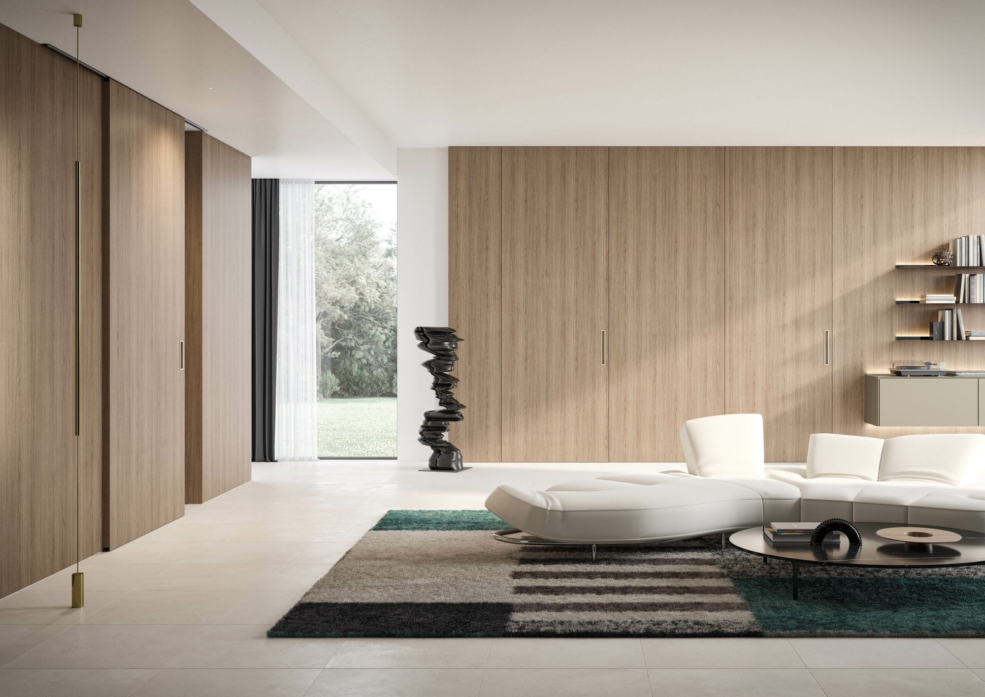 Modern living room with wooden wall panels and doors