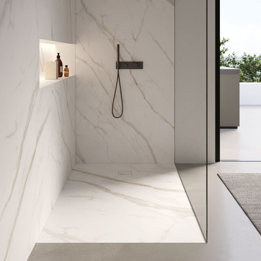 Marble shower tray with marble recessed trap in modern design