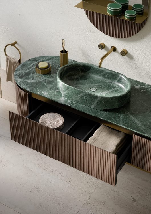 Green marble sink with modern wall mounted tap faucet