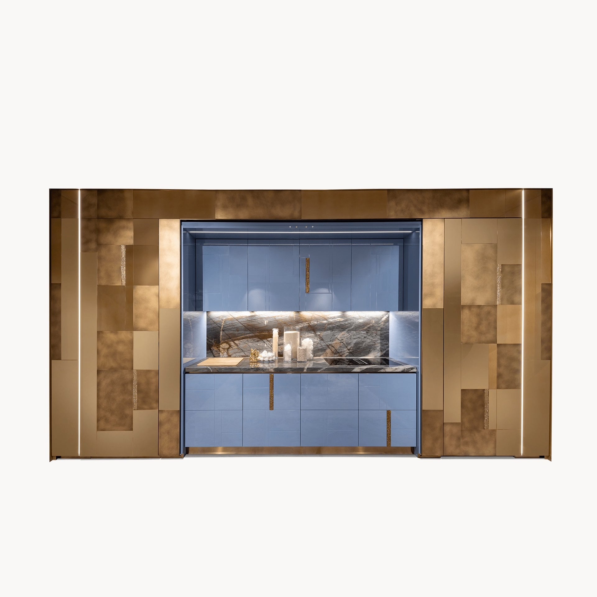 Modern kitchen with blue cabinets and textured brass doors