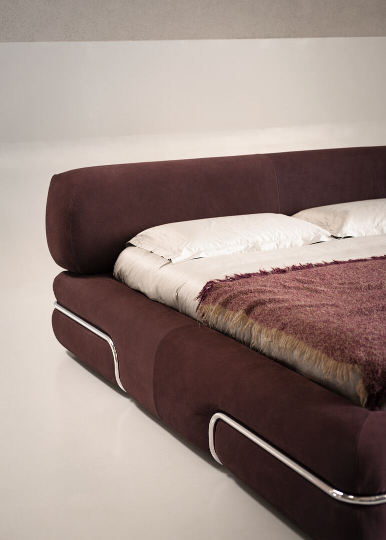 Modern brown bed with stainless steel frame in midcentury style bauhaus 