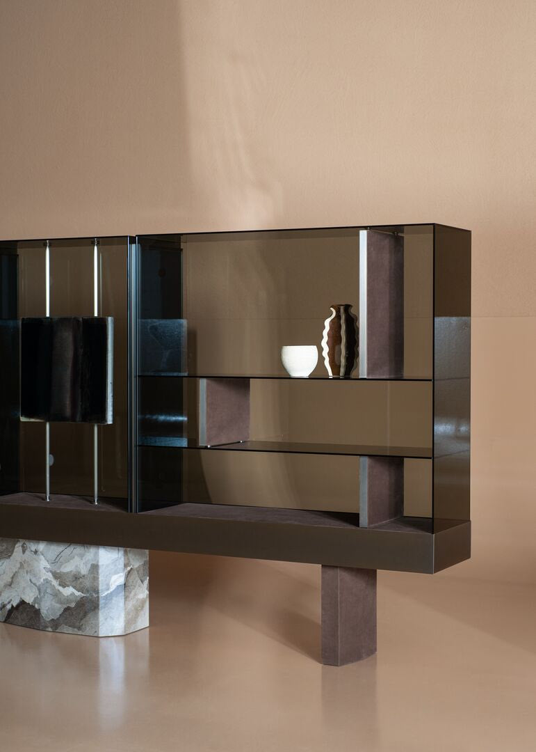 Modern dark brown glass cabinet with marble legs 