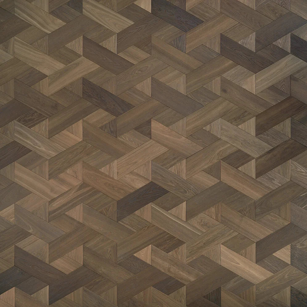 Modern Wooden parquet floor with a herringbone pattern in walnut and oak
