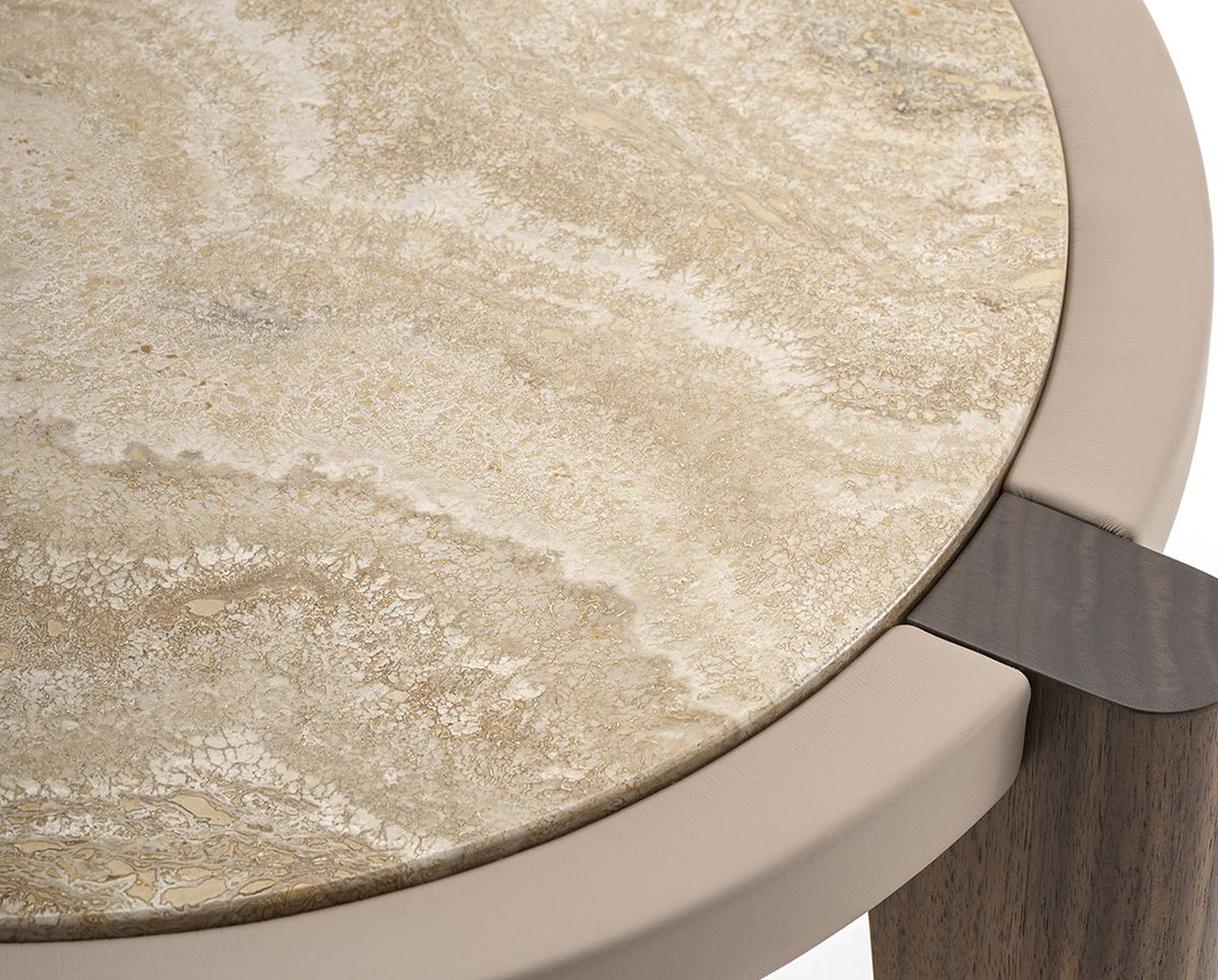 Round stone table with a wooden base on a white background