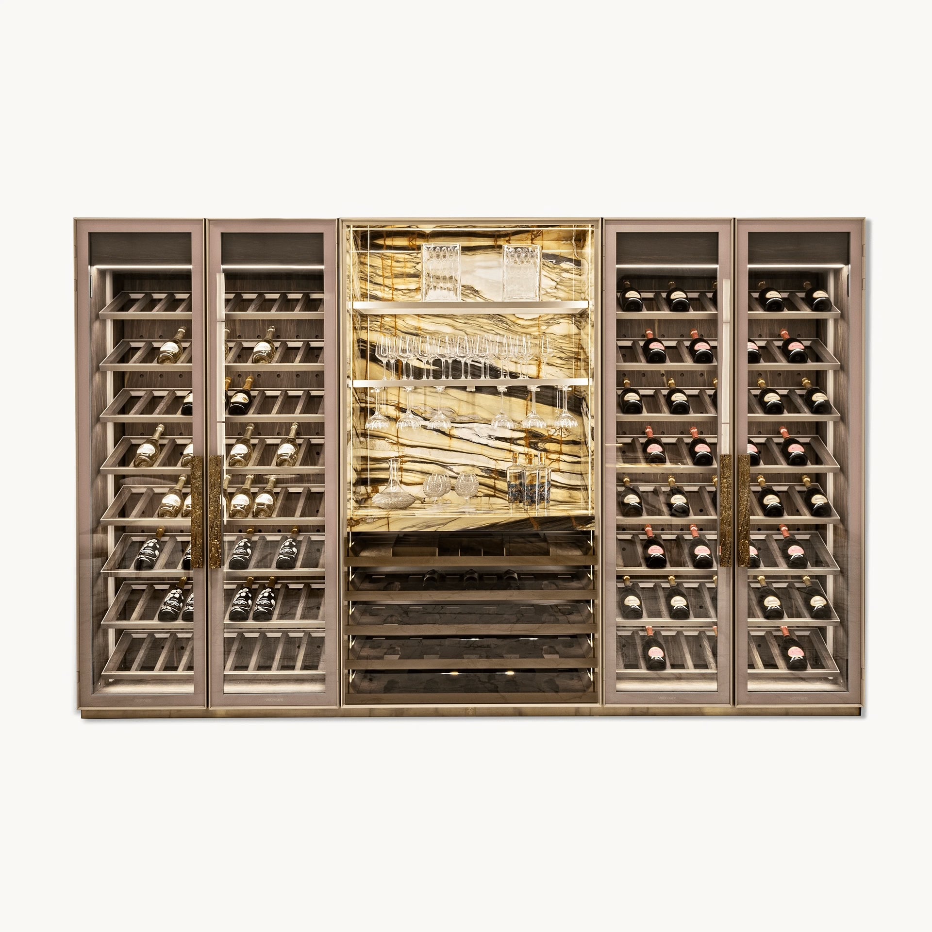 Large wine cellar with multiple shelves of wine bottles with marble countertop and shelves 