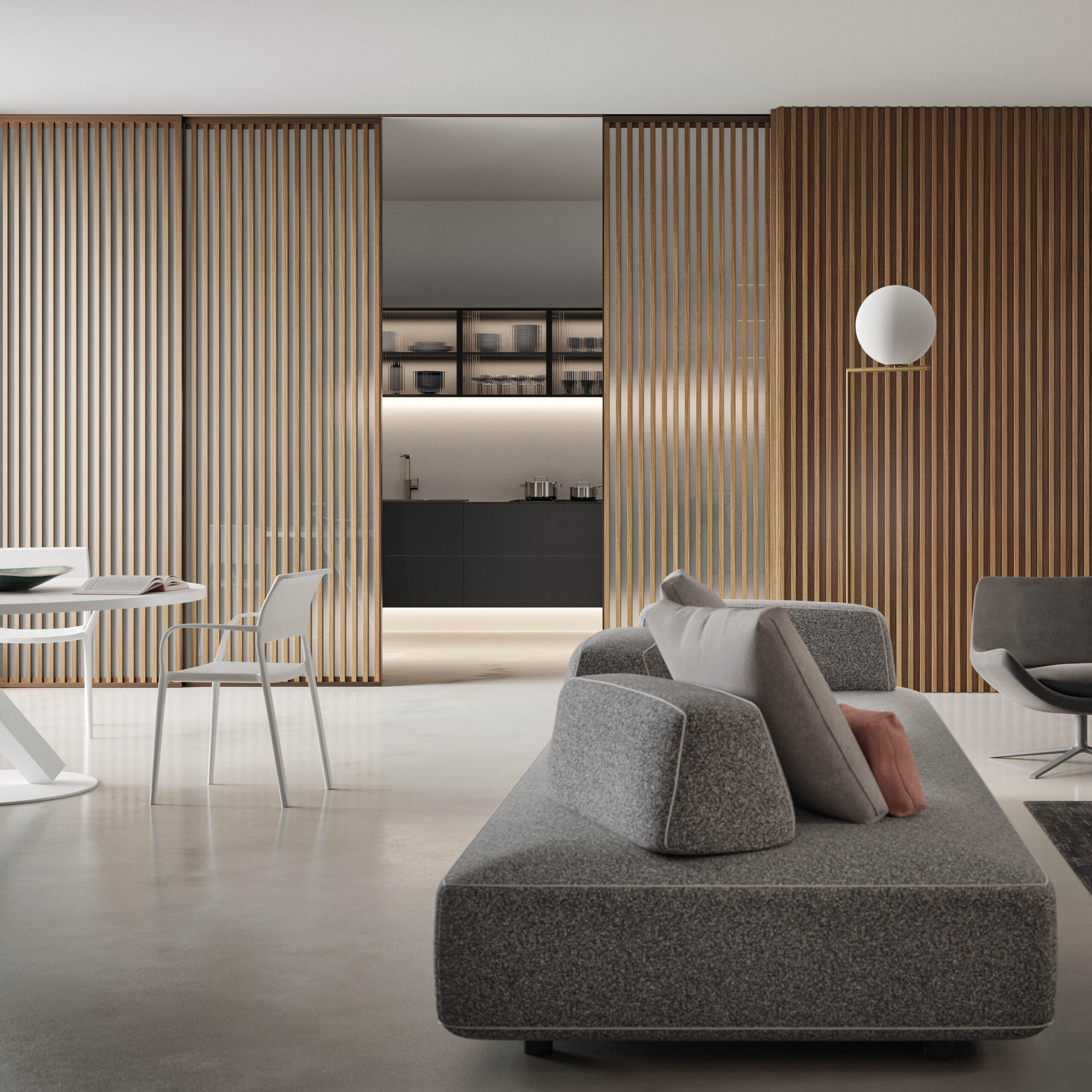 Modern living room with wood frame modern sliding wall system